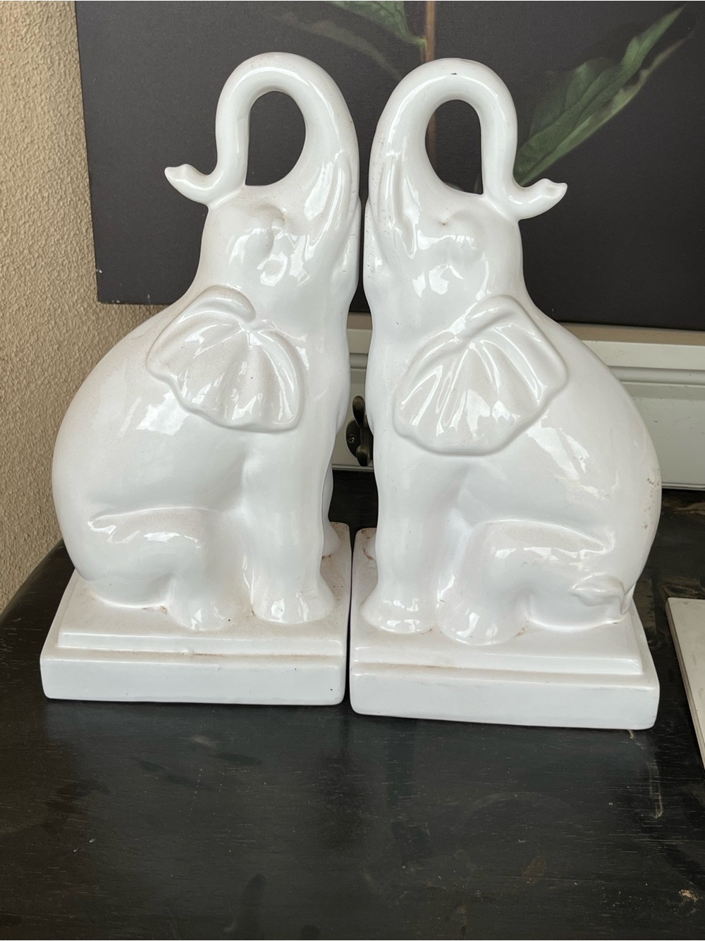 White Ceramic Elephant Bookends with Urn Accent - Decorative Home Accent